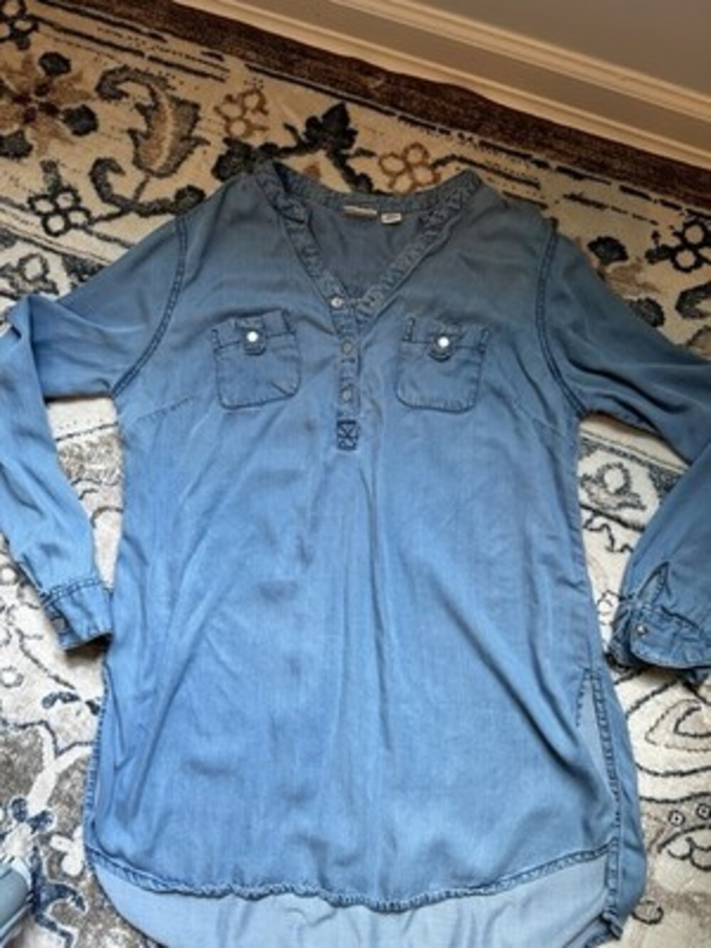 CATO WOMENS LARGE CHAMBRAY / DENIM BLUE TUNIC TOP